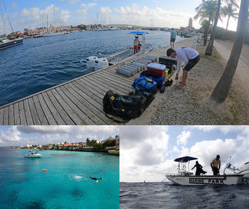 Top: Loading the boat. Left: Drilling seen from the surface. Right: Air tanks supplied from the boat.
