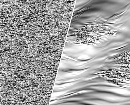 Visualisierung der Wirbelstärke (Enstrophie) einer turbulenten Strömung in Wandnähe mit und ohne Intermittenz; weiße Bereiche zeigen geringe Wirbelintensität und schwarze eine hohe.