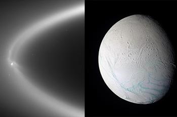 Rechts: Cassini-Aufnahme des E-Rings mit dem eisigen Mond Enceladus Links: Enceladus in Falschfarben